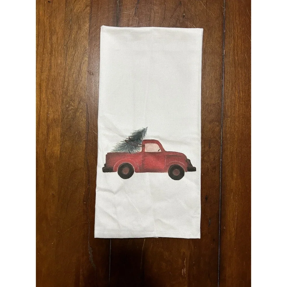 NEW Red Truck Merry Christmas Tea Towel Linen And Ivory